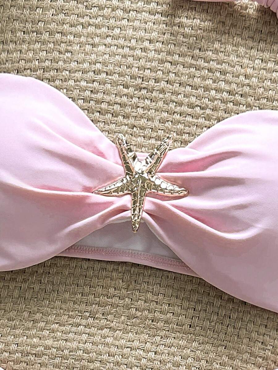 Swim Vcay Women's Solid Color Spaghetti Strap Starfish Metal Decor Sexy Bikini Set, Summer