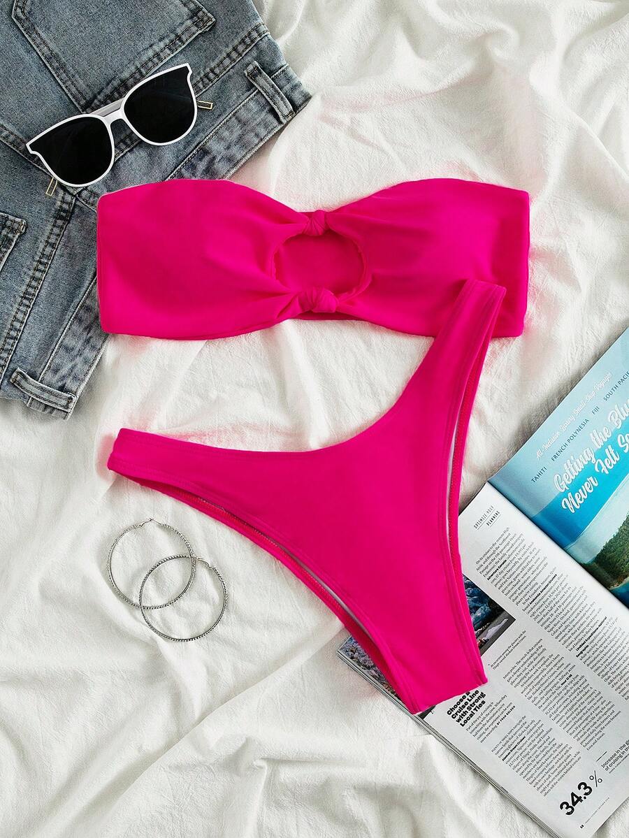 Swim Vcay Solid Color Bikini Swimming Suit For Beach Vacation, Strapless, Wireless For Summer