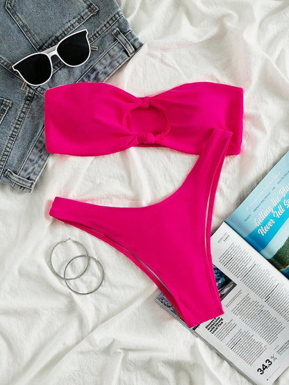 Swim Vcay Solid Color Bikini Swimming Suit For Beach Vacation, Strapless, Wireless For Summer