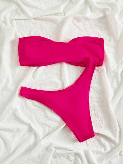Swim Vcay Solid Color Bikini Swimming Suit For Beach Vacation, Strapless, Wireless For Summer