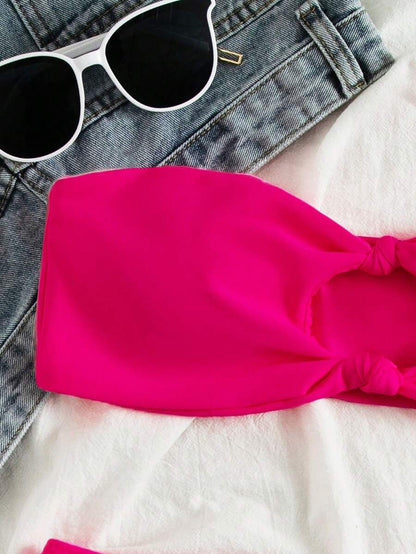 Swim Vcay Solid Color Bikini Swimming Suit For Beach Vacation, Strapless, Wireless For Summer