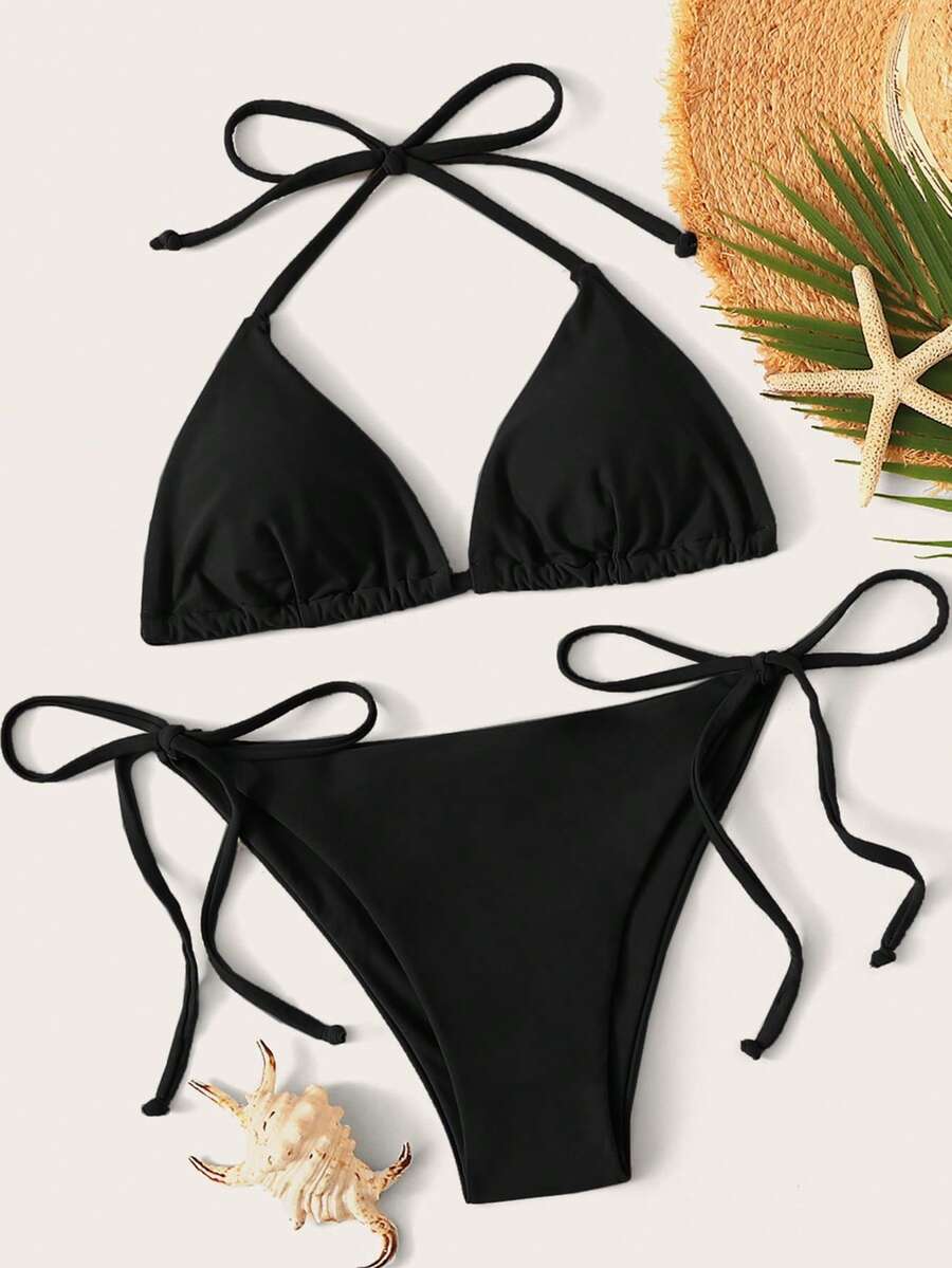 Women's Solid Halter Bikini Set - Knot Detail, Tie Side, Triangle Cup, Navy Blue