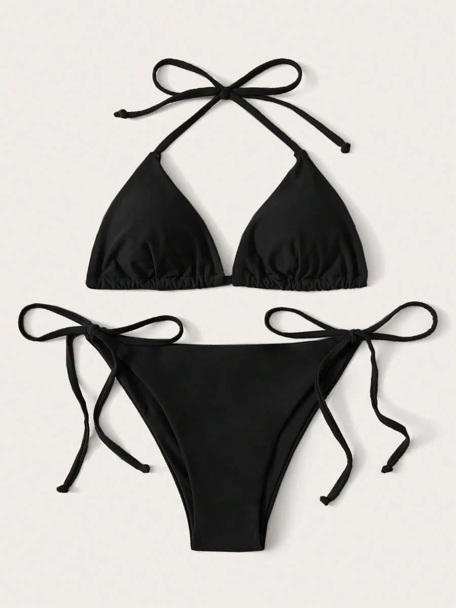 Women's Solid Halter Bikini Set - Knot Detail, Tie Side, Triangle Cup, Navy Blue