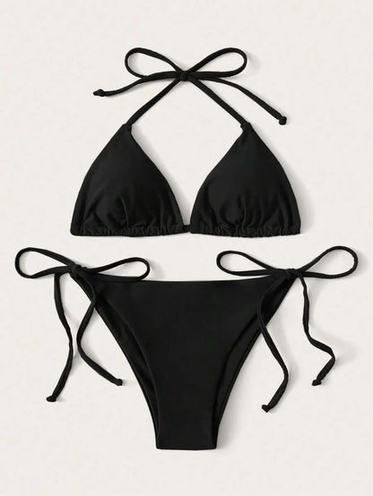 Women's Solid Halter Bikini Set - Knot Detail, Tie Side, Triangle Cup, Navy Blue