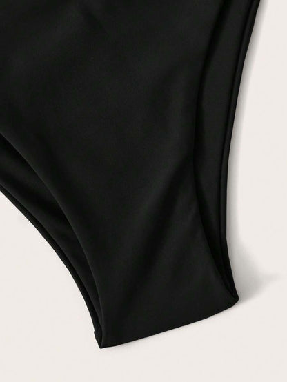 Women's Solid Halter Bikini Set - Knot Detail, Tie Side, Triangle Cup, Navy Blue
