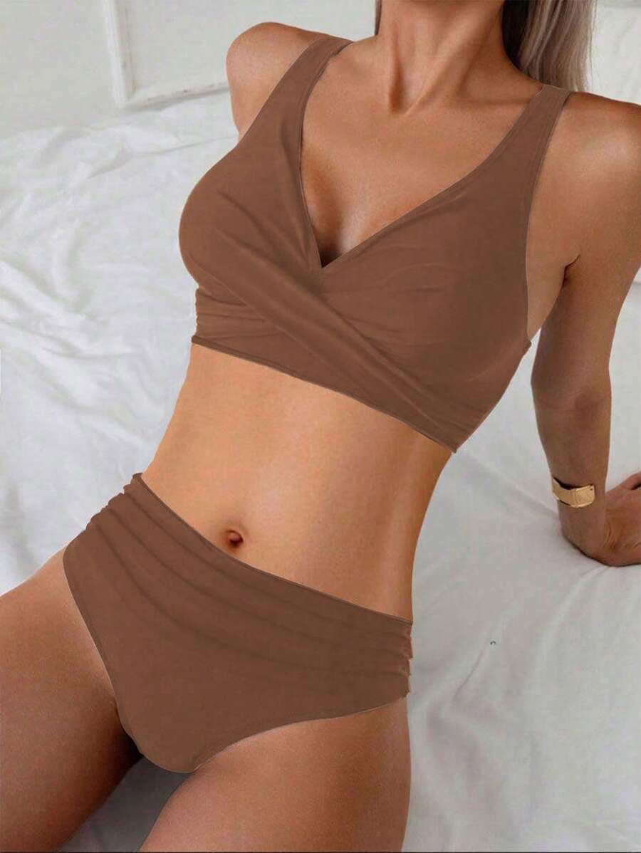 Women's 2-Piece Striped Bikini Set - Cross Wrap Bust, High Waist, Deep V Neck, Blue