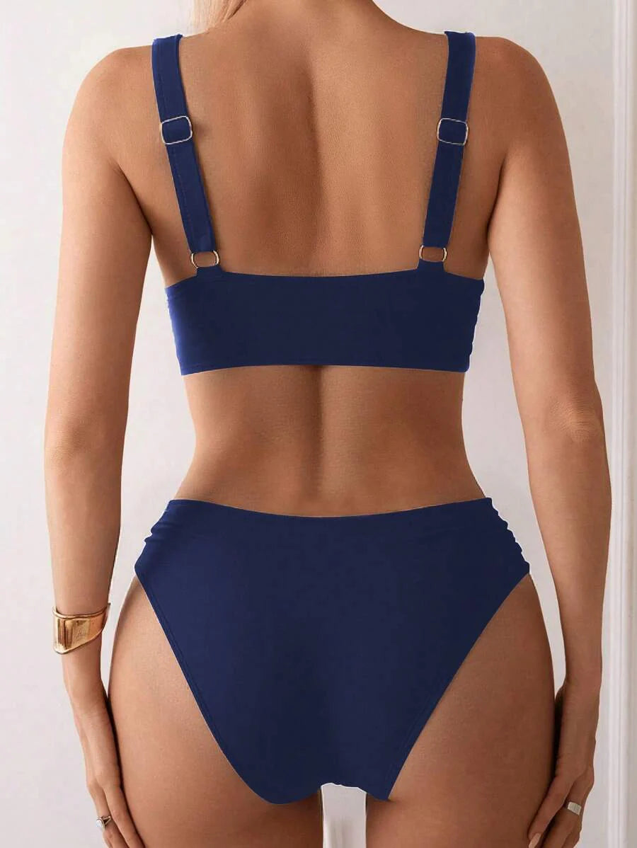 Women's 2-Piece Striped Bikini Set - Cross Wrap Bust, High Waist, Deep V Neck, Blue
