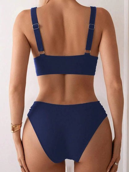 Women's 2-Piece Striped Bikini Set - Cross Wrap Bust, High Waist, Deep V Neck, Blue