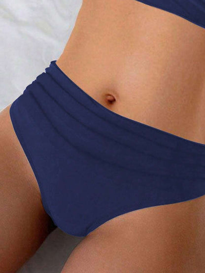 Women's 2-Piece Striped Bikini Set - Cross Wrap Bust, High Waist, Deep V Neck, Blue