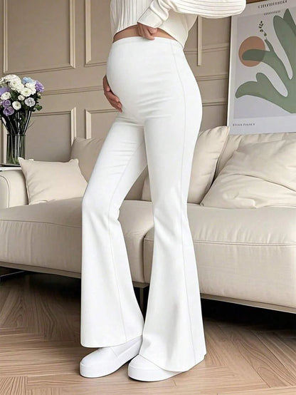 Maternity Flare Leg Pants - Corset Detail, High Stretch, Natural Waist, White
