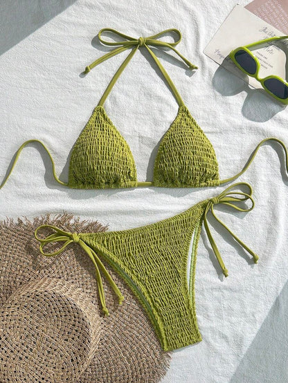 Swim Vcay Solid Color Halter Twist Bikini Two Pieces Swimwear, Suitable For Summer