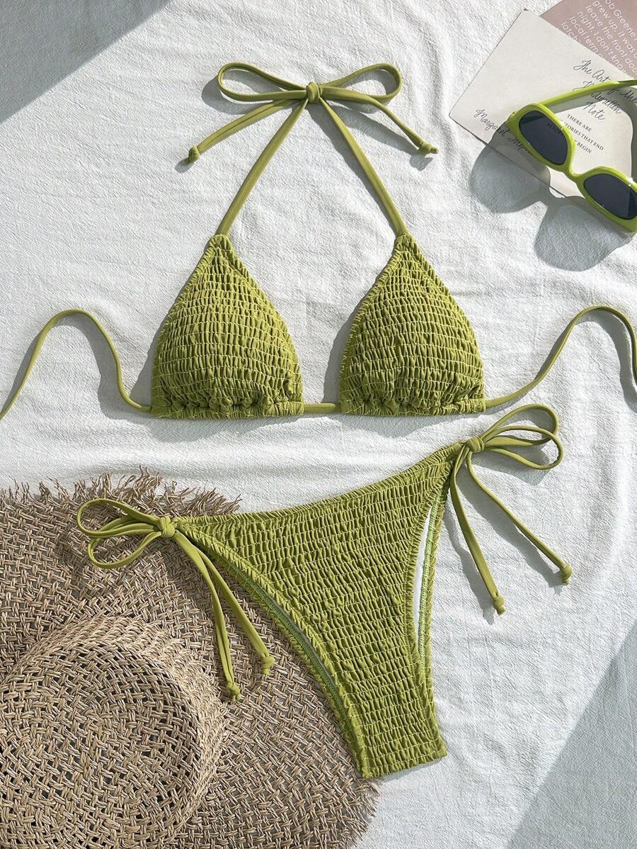 Swim Basics Women's Solid Color Halter Neck Sexy Bikini Set Bathing Suit For Summer Beach