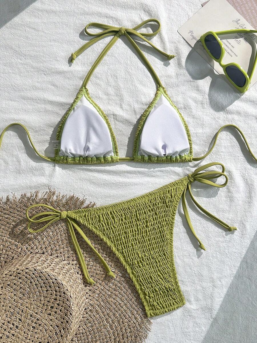 Swim Vcay Solid Color Halter Twist Bikini Two Pieces Swimwear, Suitable For Summer