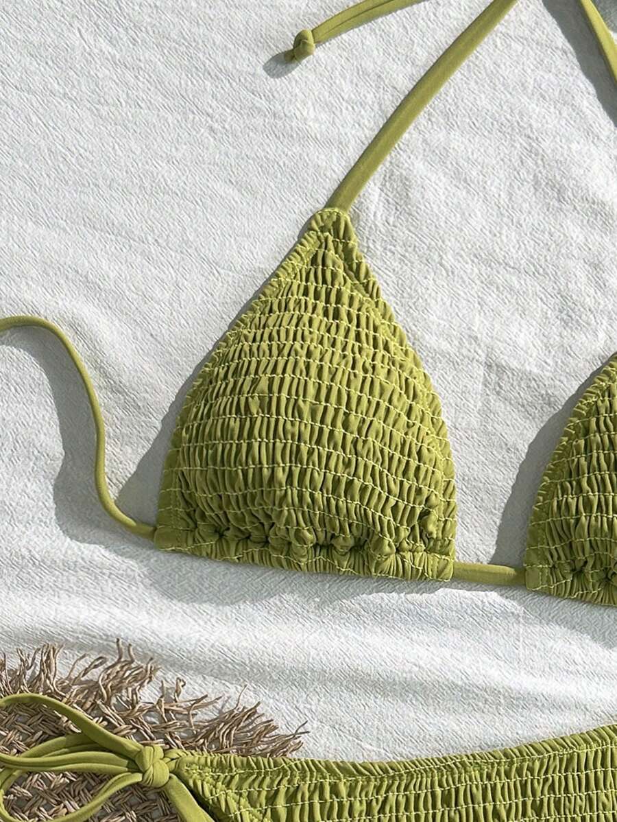 Swim Vcay Solid Color Texture Split Bikini Set, Vacation Beach For Summer