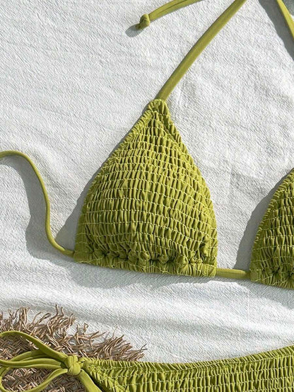 Swim Vcay Solid Color Texture Split Bikini Set, Vacation Beach For Summer
