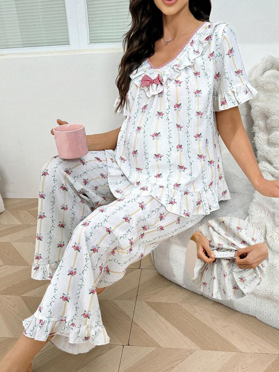 Maternity Ditsy Floral Pajama Set - V-Neck Ruffle Trim Short Sleeve Sleepwear, Holiday Pregnancy