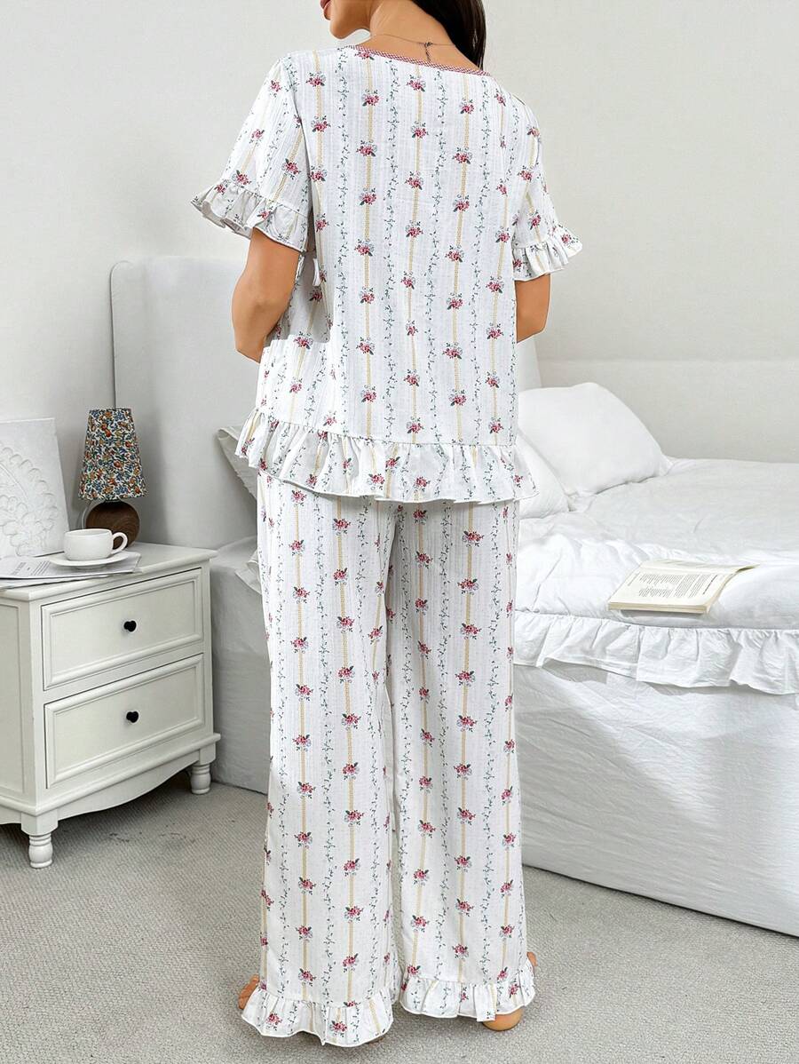 Maternity Ditsy Floral Pajama Set - V-Neck Ruffle Trim Short Sleeve Sleepwear, Holiday Pregnancy