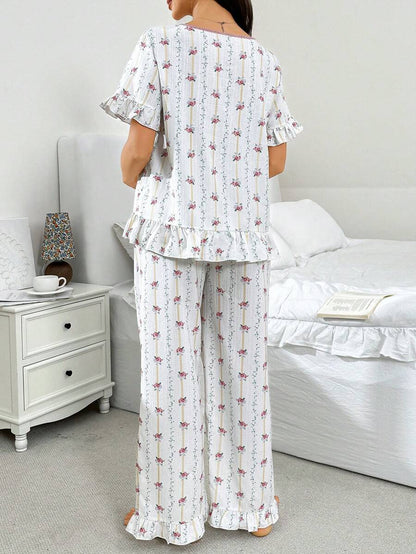 Maternity Ditsy Floral Pajama Set - V-Neck Ruffle Trim Short Sleeve Sleepwear, Holiday Pregnancy