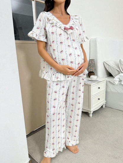 Maternity Ditsy Floral Pajama Set - V-Neck Ruffle Trim Short Sleeve Sleepwear, Holiday Pregnancy