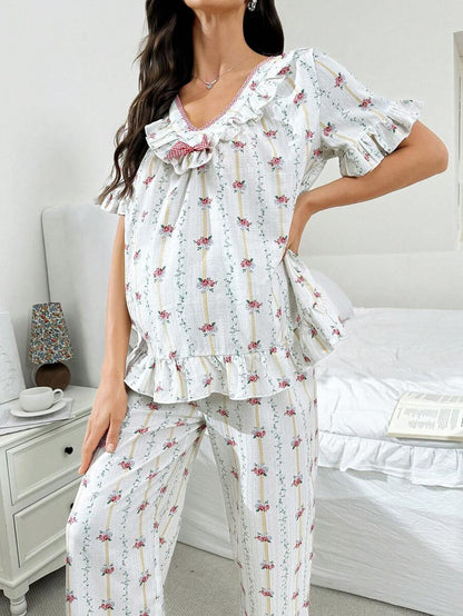 Maternity Ditsy Floral Pajama Set - V-Neck Ruffle Trim Short Sleeve Sleepwear, Holiday Pregnancy