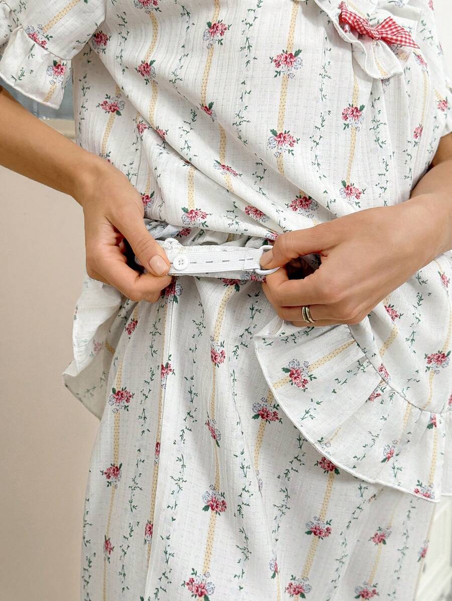 Maternity Ditsy Floral Pajama Set - V-Neck Ruffle Trim Short Sleeve Sleepwear, Holiday Pregnancy