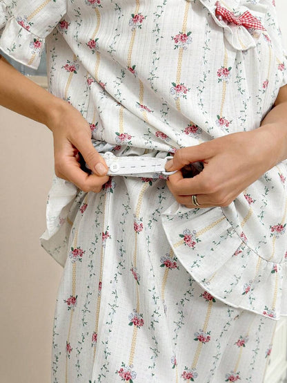 Maternity Ditsy Floral Pajama Set - V-Neck Ruffle Trim Short Sleeve Sleepwear, Holiday Pregnancy