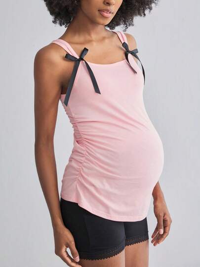 Pregnant Women Cotton Camisole Top - Cute Bow Ruffle Black & Pink