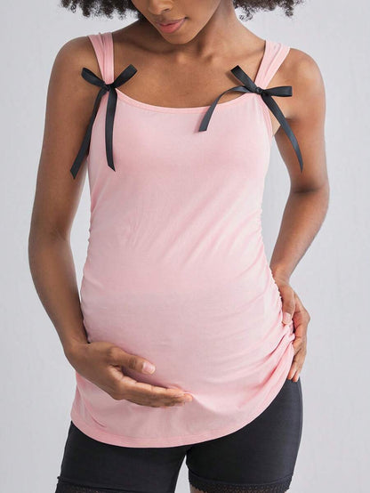 Pregnant Women Cotton Camisole Top - Cute Bow Ruffle Black & Pink