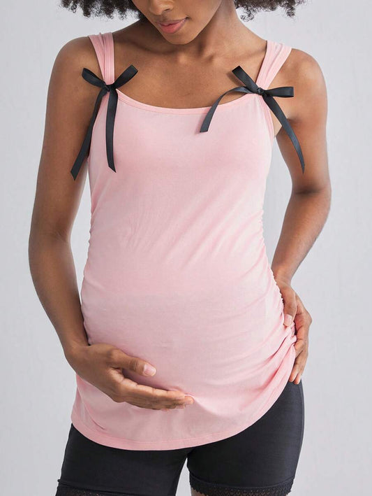 Pregnant Women Cotton Camisole Top - Cute Bow Ruffle Black & Pink