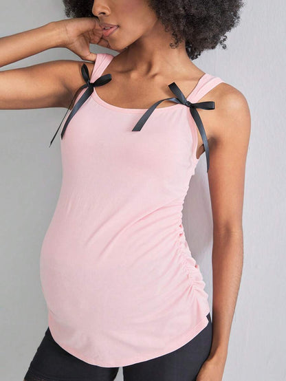 Pregnant Women Cotton Camisole Top - Cute Bow Ruffle Black & Pink