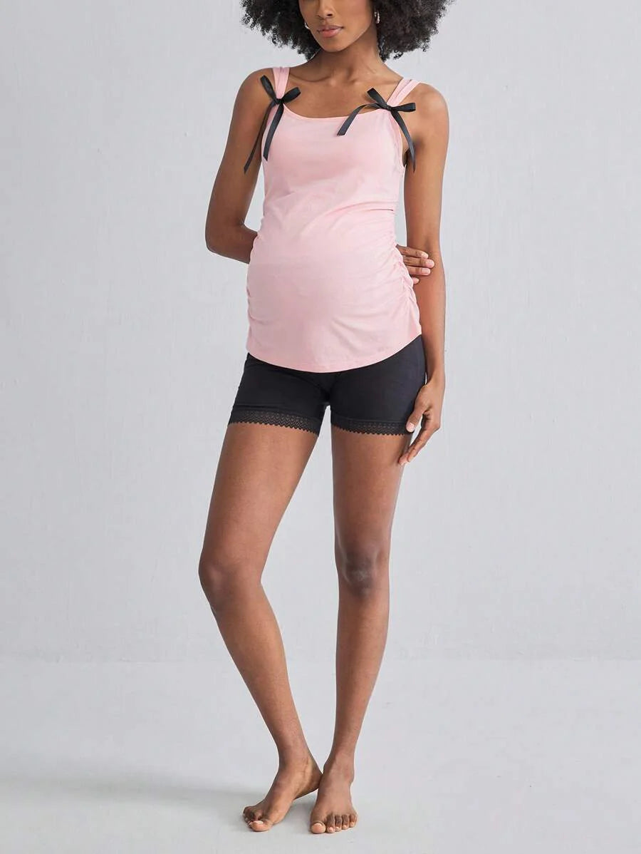 Pregnant Women Cotton Camisole Top - Cute Bow Ruffle Black & Pink