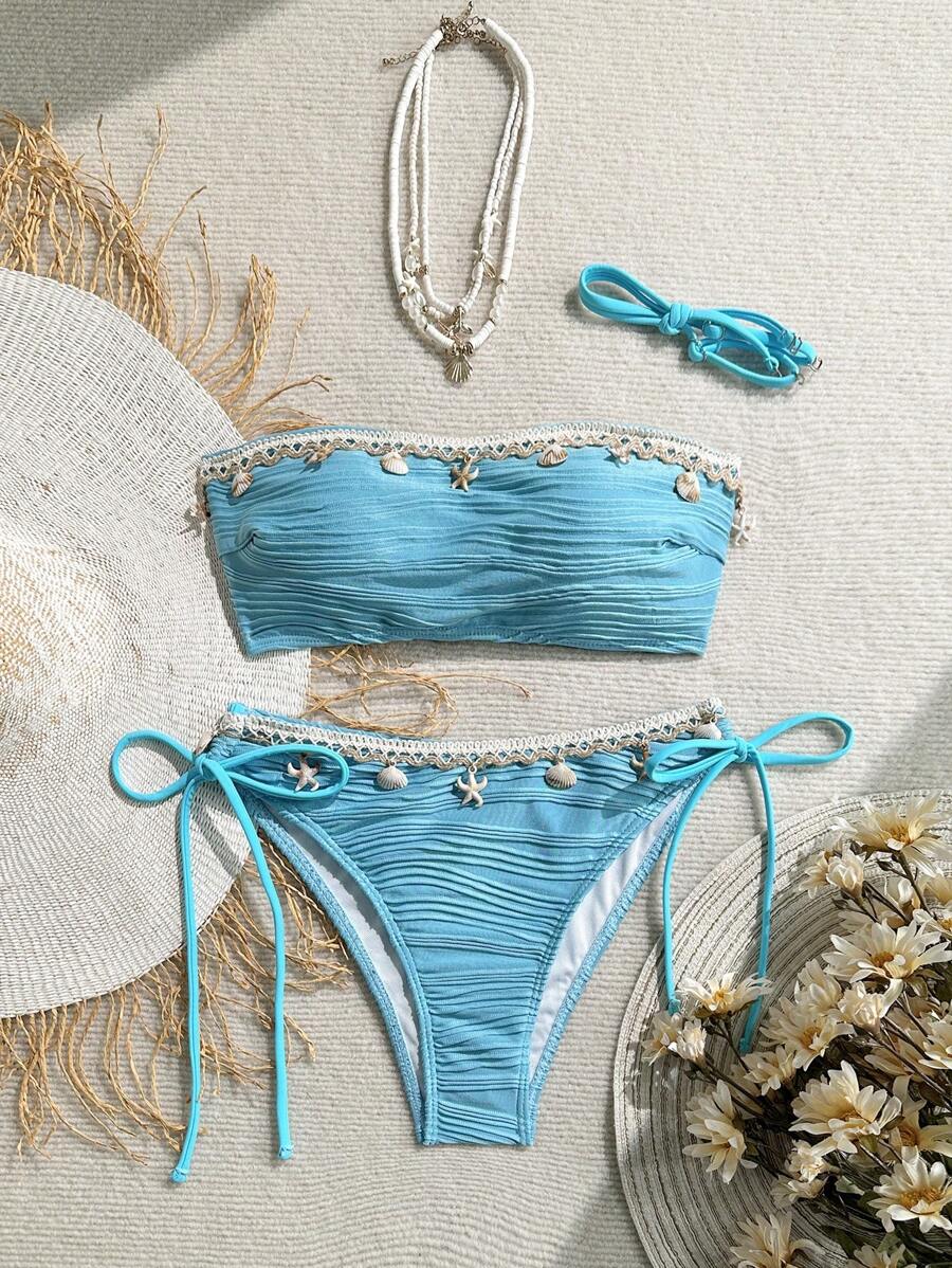 Women's 2-Piece Textured Bandeau Bikini Set - Shell Strap, Tie Side, Lace Up, White