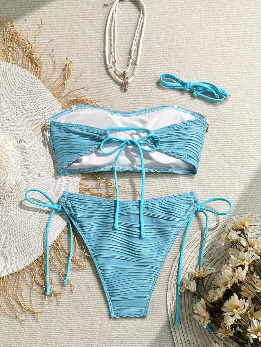 Women's 2-Piece Textured Bandeau Bikini Set - Shell Strap, Tie Side, Lace Up, White