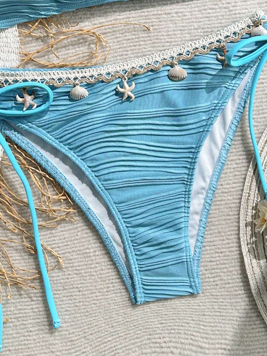 Women's 2-Piece Textured Bandeau Bikini Set - Shell Strap, Tie Side, Lace Up, White