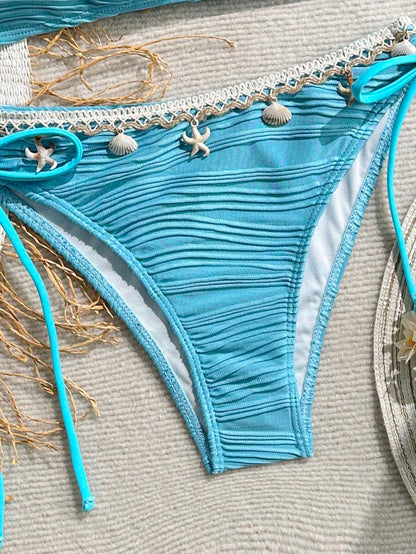 Women's 2-Piece Textured Bandeau Bikini Set - Shell Strap, Tie Side, Lace Up, White