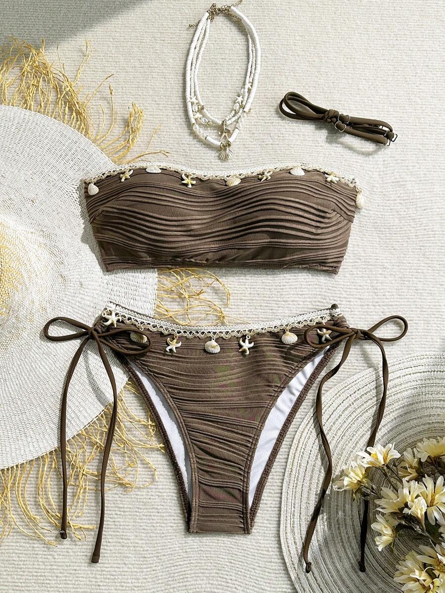 Women's 2-Piece Textured Bandeau Bikini Set - Shell Strap, Tie Side, Lace Up, White