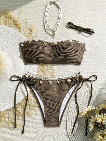 Women's 2-Piece Textured Bandeau Bikini Set - Shell Strap, Tie Side, Lace Up, White