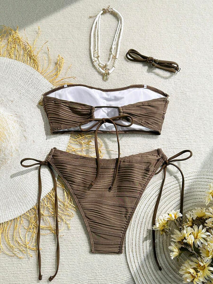 Women's 2-Piece Textured Bandeau Bikini Set - Shell Strap, Tie Side, Lace Up, White