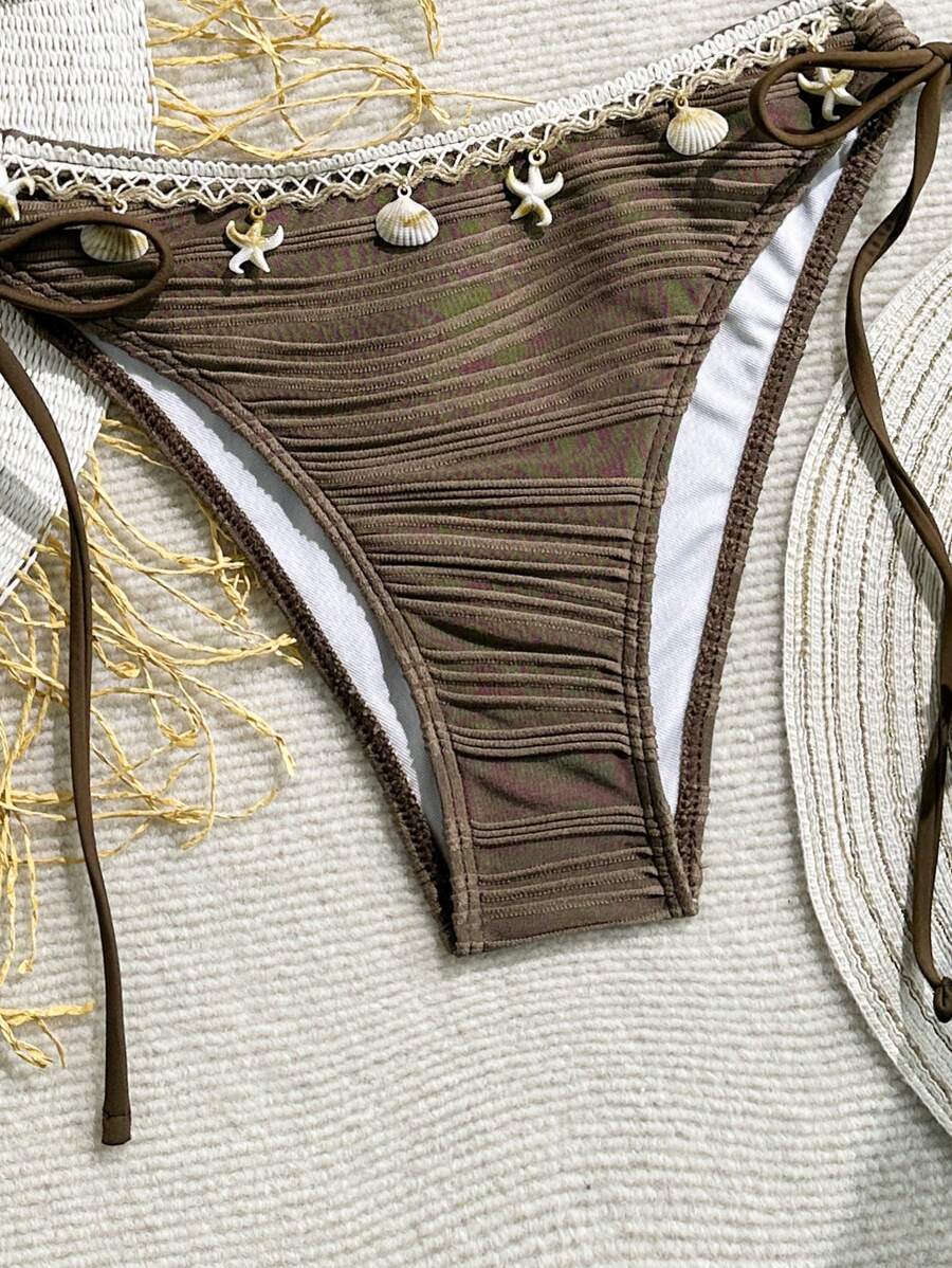 Women's 2-Piece Textured Bandeau Bikini Set - Shell Strap, Tie Side, Lace Up, White