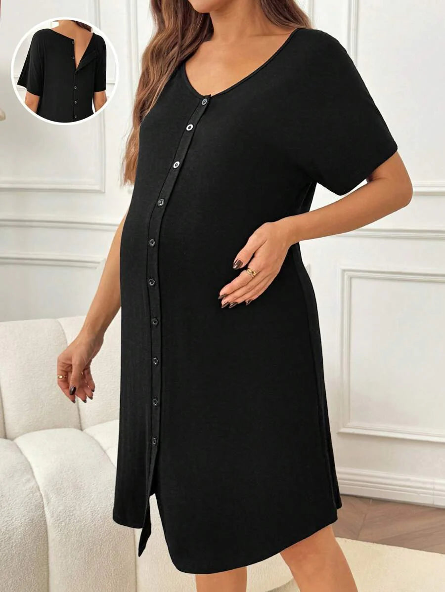 Red V-Neck Button Front Maternity Nightgown - High Stretch Loose Fit Labor and Delivery Gown - Long Half Sleeve Hospital Sleepwear