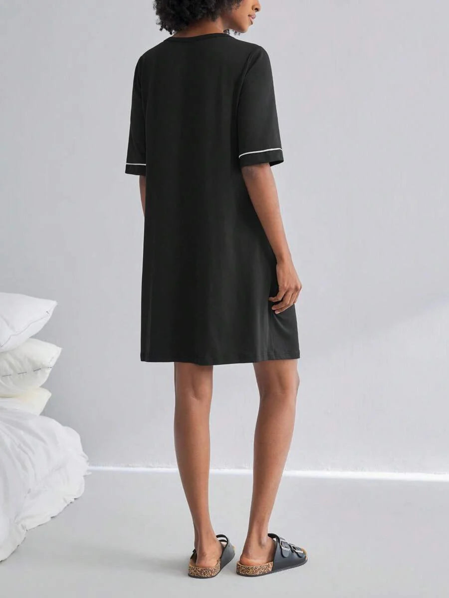Black Short Sleeve Maternity Nursing Nightgown - Button Front V Neck Sleep Shirt - High Stretch Lace Trim Loungewear Pajama Dress