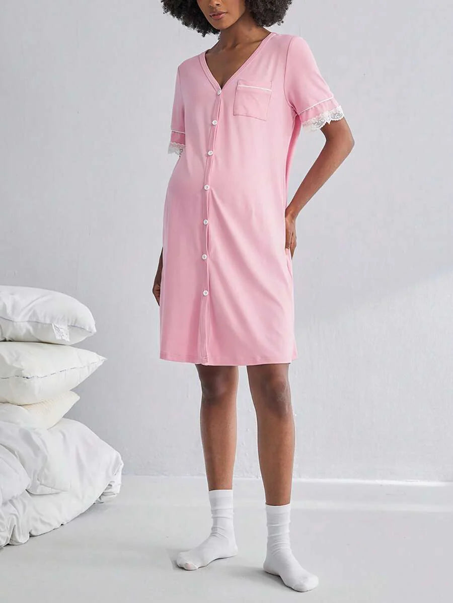 Black Lace Trim Maternity Sleepwear Dress - Short Sleeve Button Up Nightgown - High Stretch V Neck Lounge Dress for Pregnant Women