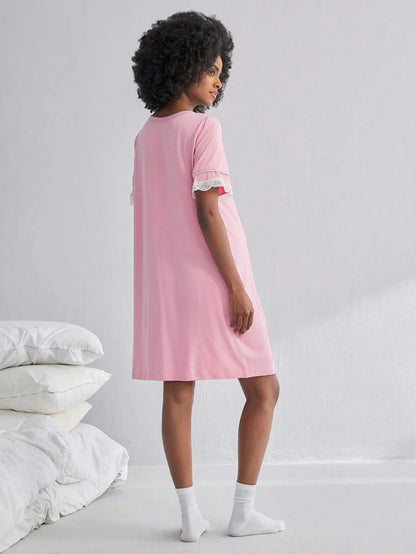 Maternity Short Sleeve Nursing Nightgown - Lace Button Front Fashion Loungewear, Breastfeeding