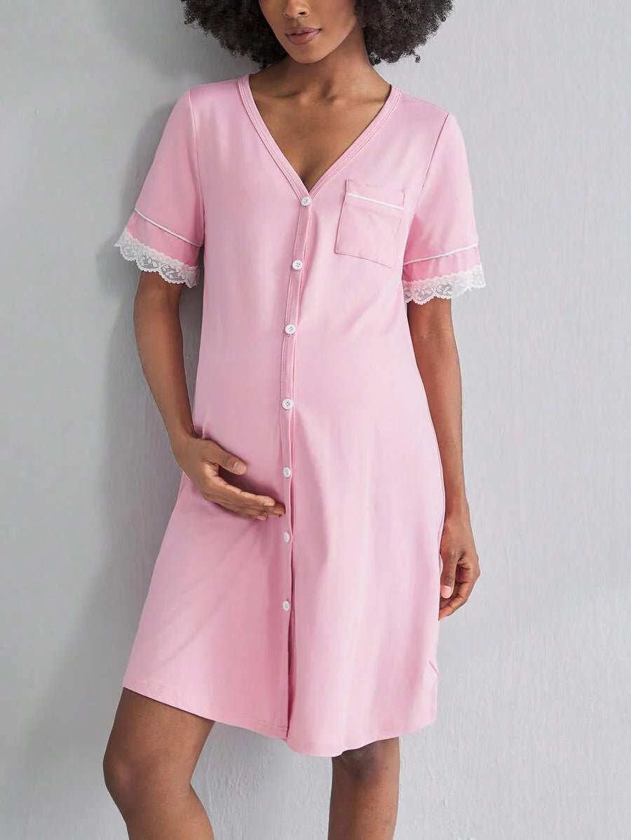 Black Lace Trim Maternity Sleepwear Dress - Short Sleeve Button Up Nightgown - High Stretch V Neck Lounge Dress for Pregnant Women