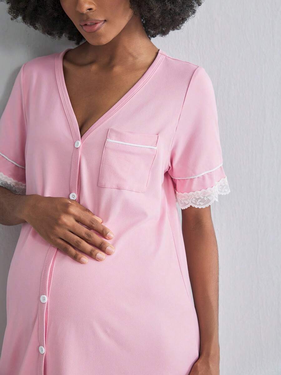 Black Lace Trim Maternity Sleepwear Dress - Short Sleeve Button Up Nightgown - High Stretch V Neck Lounge Dress for Pregnant Women