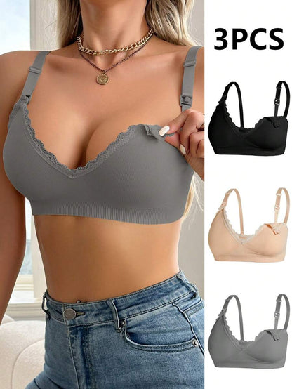 3pcs/Set Seamless Maternity Solid Color Contrast Lace Nursing Bras