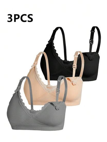 3pcs/Set Seamless Maternity Solid Color Contrast Lace Nursing Bras