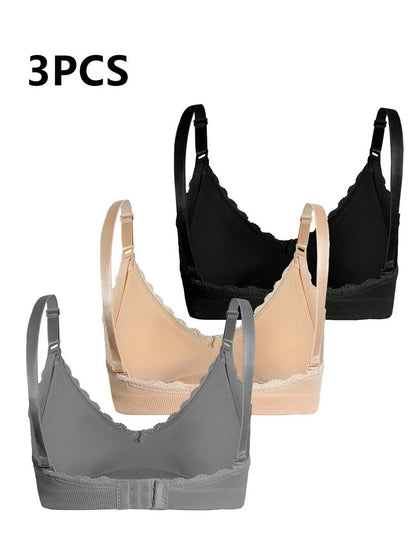 3pcs/Set Seamless Maternity Solid Color Contrast Lace Nursing Bras