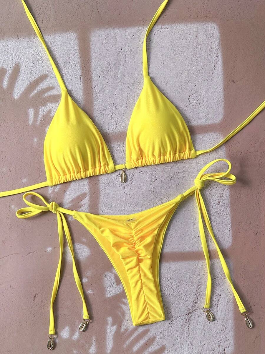 Swim Chiccia Women Spring Break Summer Beach Solid Color Halter Tie Sexy Bikini Swimsuit Set