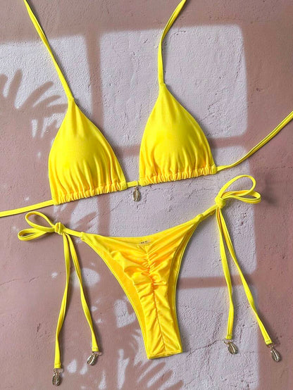Swim Chiccia Women Spring Break Summer Beach Solid Color Halter Tie Sexy Bikini Swimsuit Set